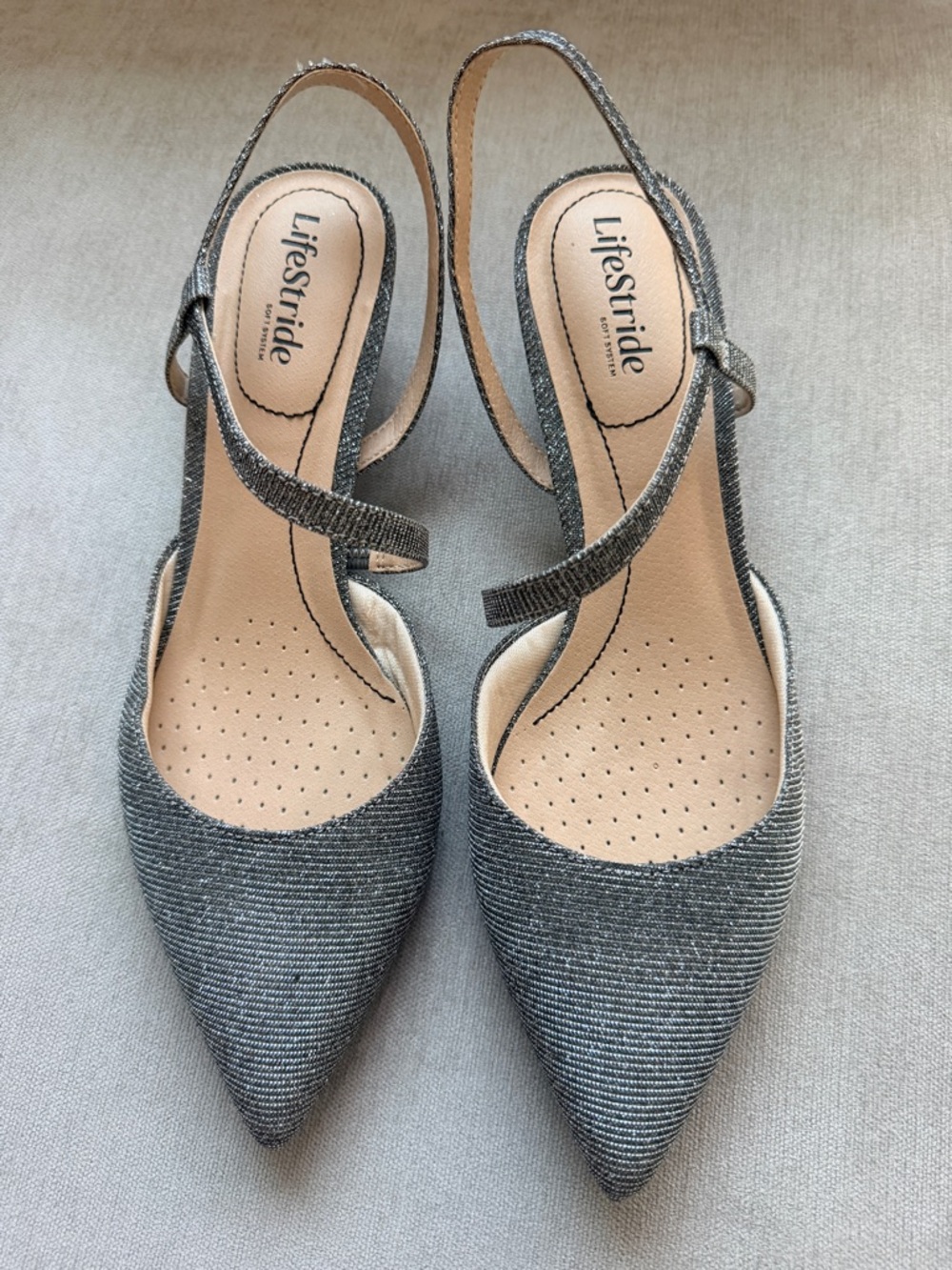 LifeStride Women's Minimalist Slingback Kitten Heel Pumps Metallic Silver 10M